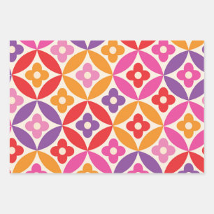 Retro  Flowers on Mid Century Circles Pattern  Wrapping Paper Sheet