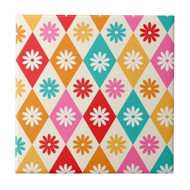 Retro Flowers on Mid Century Harelquin Diamonds  Tile (Front)