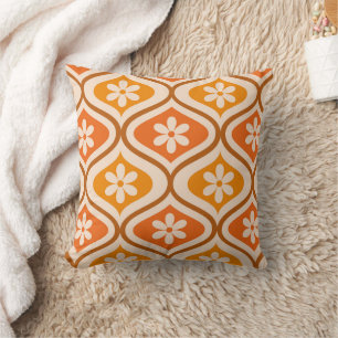 Retro flowers on orange and amber ogee pattern cushion