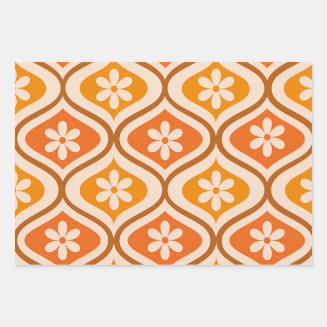 Retro flowers on orange and amber ogee pattern wrapping paper sheet (Front)