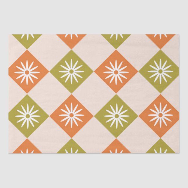 Retro Flowers on Orange and Green Diamonds  Tissue Paper (Front)