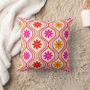 Retro Flowers on Red Orange Pink Ogee  Pattern  Cushion