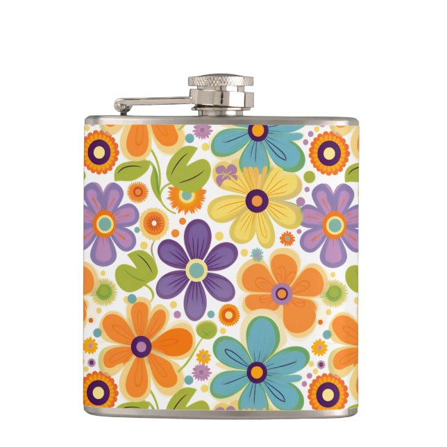 Retro Flowers Orange Lilac and Green Hip Flask (Front)