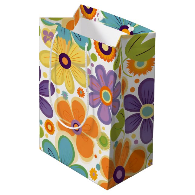 Retro Flowers Orange Lilac and Green Medium Gift Bag (Back Angled)