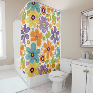 Retro Flowers Orange Lilac and Green Shower Curtain