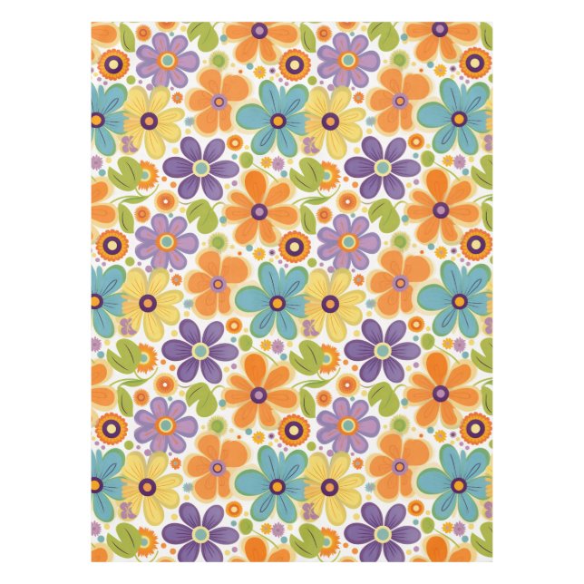Retro Flowers Orange Lilac and Green Tablecloth (Front)