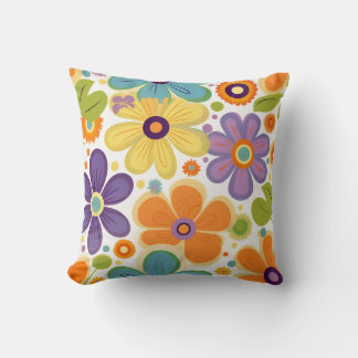 Retro Flowers Orange Lilac Green Cushion