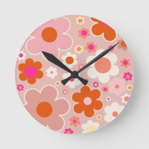 Retro Flowers Peach Blush Pink Orange Floral Round Clock