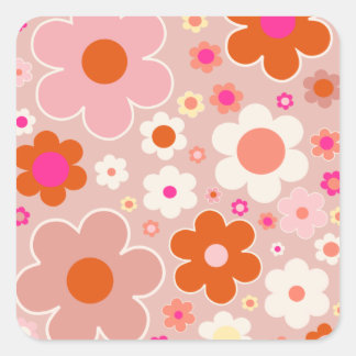 Retro Flowers Peach Blush Pink Orange Floral Square Sticker