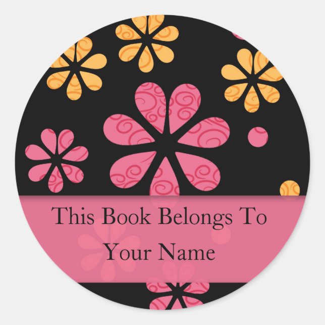 Retro Flowers Personalised Bookplates : Pink Classic Round Sticker (Front)