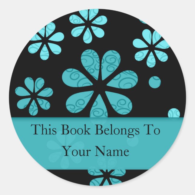 Retro Flowers Personalised Bookplates : Teal Classic Round Sticker (Front)