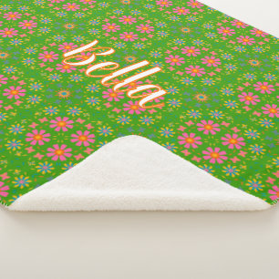 Retro Flowers Pink Yellow Blue Orange Butterflies Sherpa Blanket