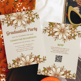 Retro Flowers   QR Code 2024 Graduation Party Invitation