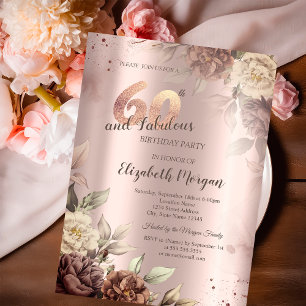 Retro Flowers Rose Gold 60th Birthday Invitation