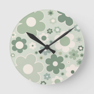 Retro Flowers Sage Green Abstract Floral Round Clock