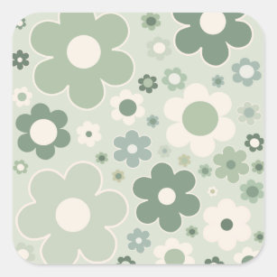 Retro Flowers Sage Green Abstract Floral Square Sticker