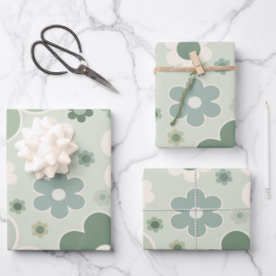 Retro Flowers Sage Green Abstract Floral Wrapping Paper Sheet