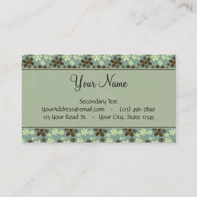Retro Flowers Sea Green with Stripes and Monogram Business Card (Front)