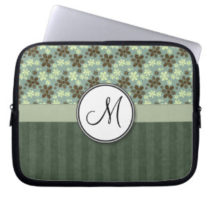 Retro Flowers Sea Green with Stripes and Monogram Laptop Sleeve