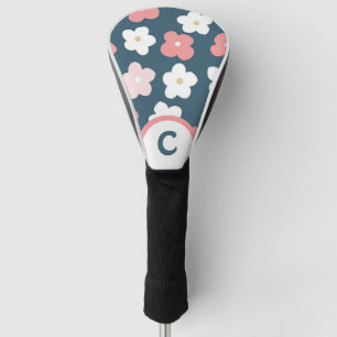 Retro Flowers Teal Pink & White Monogram Golf Head Cover