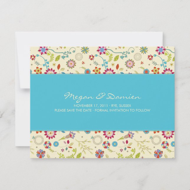 Retro Flowers · Turquoise · Save the Date Card (Front)