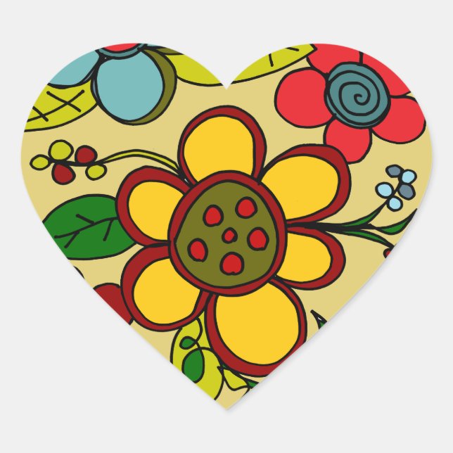 Retro Flowers Urban Colours Heart Sticker (Front)
