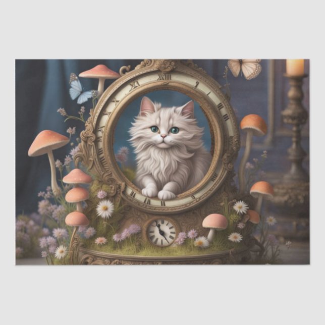 Retro Fluffy Cat, antique clock Decoupage Tissue Paper (Front)
