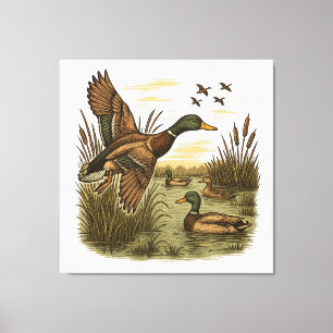 Retro Flying Mallard Duck Hunting Canvas Print