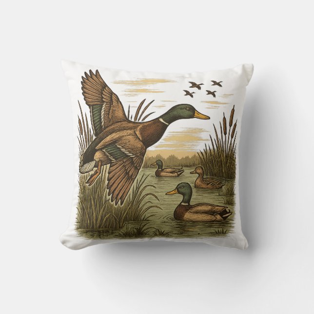 Retro-Flying-Mallard-Duck-Hunting,  Cushion (Front)
