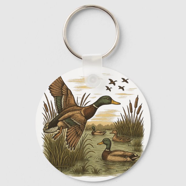 Retro-Flying-Mallard-Duck-Hunting,  Key Ring (Front)