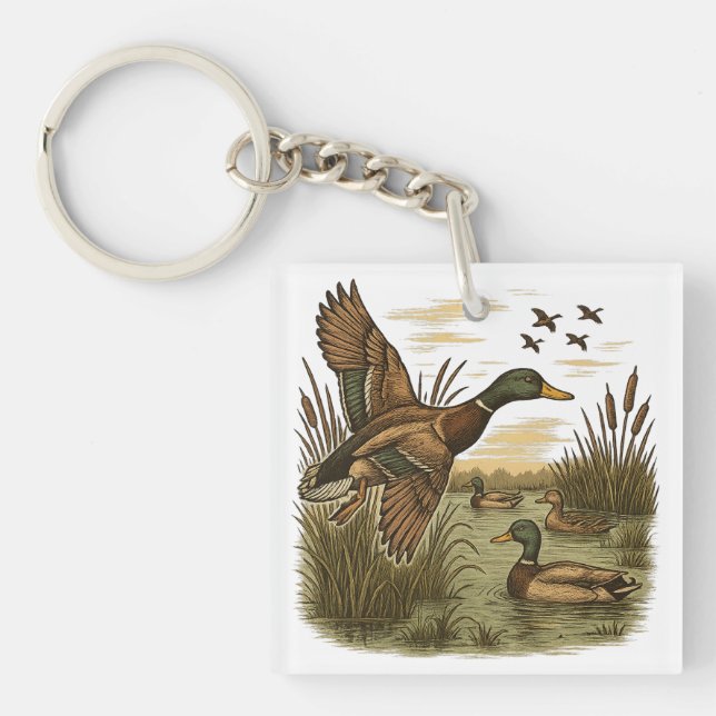 Retro-Flying-Mallard-Duck-Hunting,  Key Ring (Front)