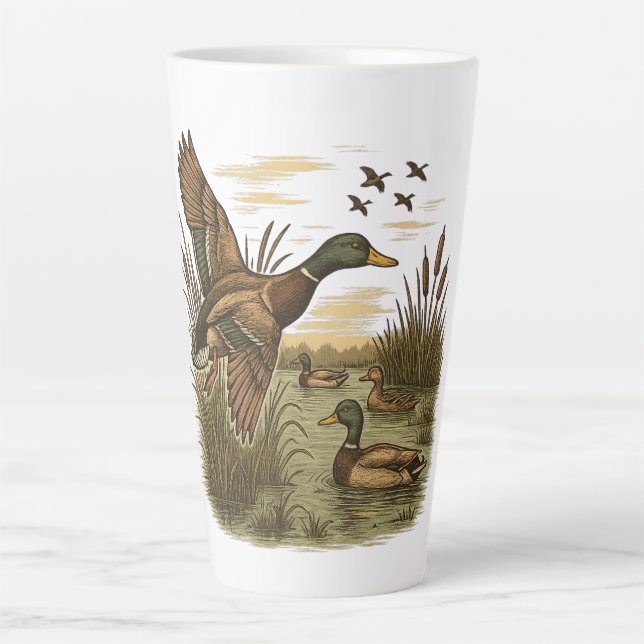 Retro-Flying-Mallard-Duck-Hunting Latte Mug (Front)