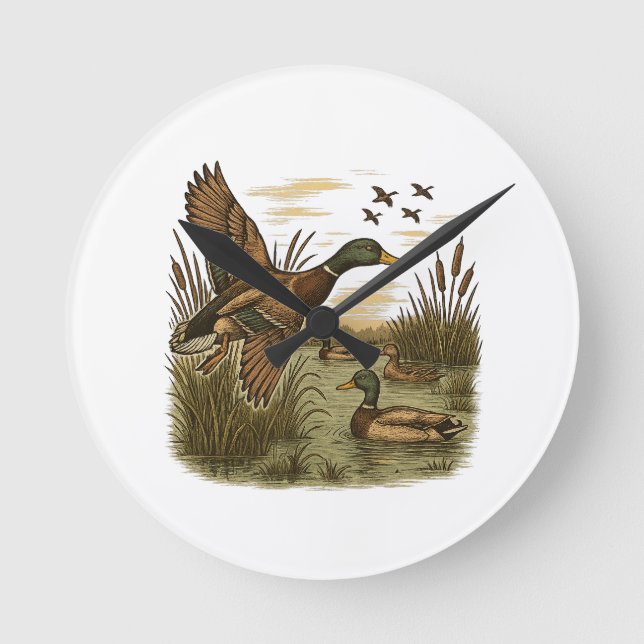 Retro-Flying-Mallard-Duck-Hunting Round Clock (Front)