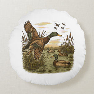 Retro-Flying-Mallard-Duck-Hunting Round Cushion