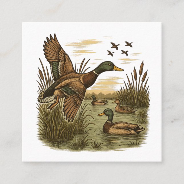 Retro-Flying-Mallard-Duck-Hunting Square Business Card (Front)