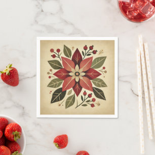 Retro Folk Art Poinsettia Festive Floral Decoupage Napkin
