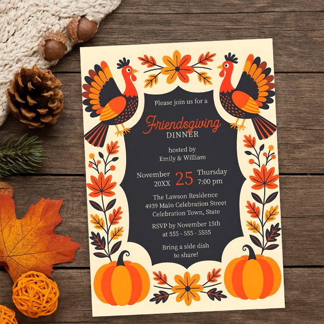 Retro Folk Art Turkey Friendsgiving Potluck Invitation (Creator Uploaded)