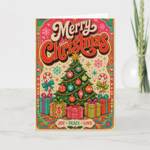 Retro Folk Christmas Tree Joy Peace Love Card