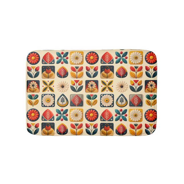 Retro Folk Floral Pattern in Warm Colours Bath Mat (Front)