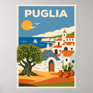 Retro Folk Puglia Italy Olive Tree Trullo Travel Poster