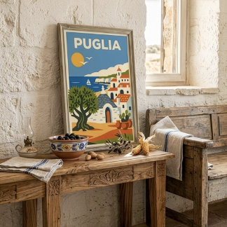 Retro Folk Puglia Italy Olive Tree Trullo Travel Poster
