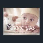 Retro font baby shower thank you photo postcard<br><div class="desc">Modern and elegant baby shower thank you card. Fully customisable with your baby's picture,  name and other details. Fully editable colours.</div>