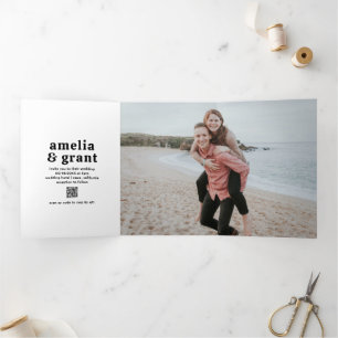 Retro Font Black and White QR Code Photo Wedding Tri-Fold Invitation
