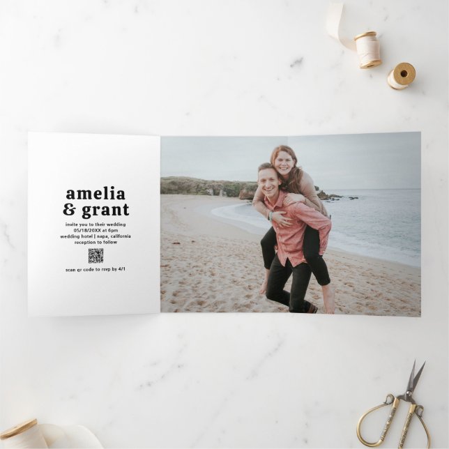 Retro Font Black and White QR Code Photo Wedding Tri-Fold Invitation (Inside)