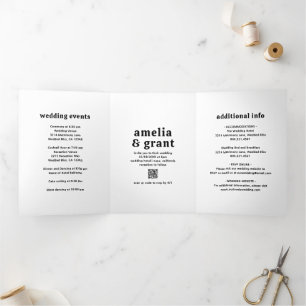 Retro Font Black and White QR Code Photo Wedding Tri-Fold Invitation