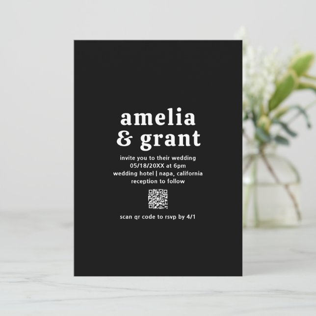 Retro Font Black QR Code Modern Wedding Invitation (Standing Front)