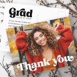Retro font full photo graduate graduation postcard<br><div class="desc">Thank you postcard with the text "thank you" in a retro style font as a white overlay over your custom photo on the front. On the back is the text "graduate" in a retro style font and the year with a custom message below. You can change colours, move and resize...</div>
