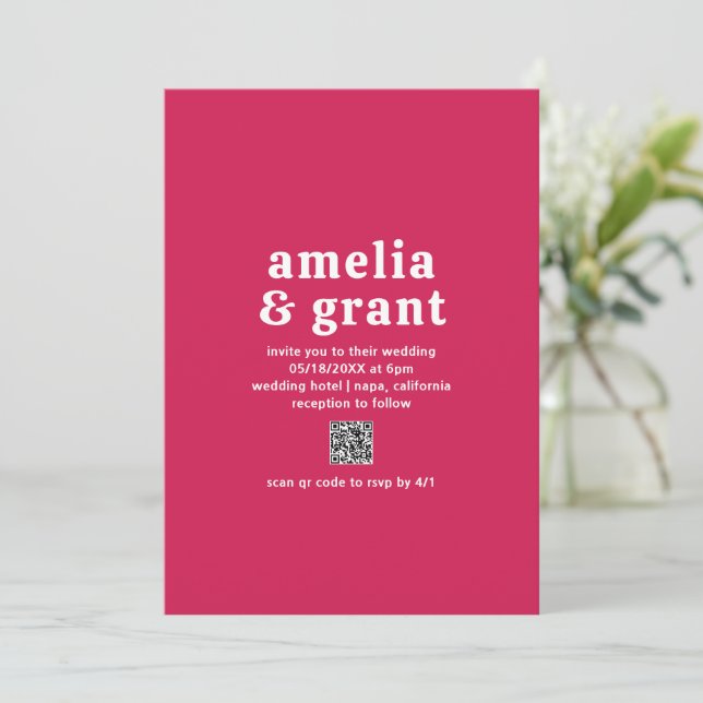 Retro Font Hot Pink QR Code Modern Wedding Invitation (Standing Front)