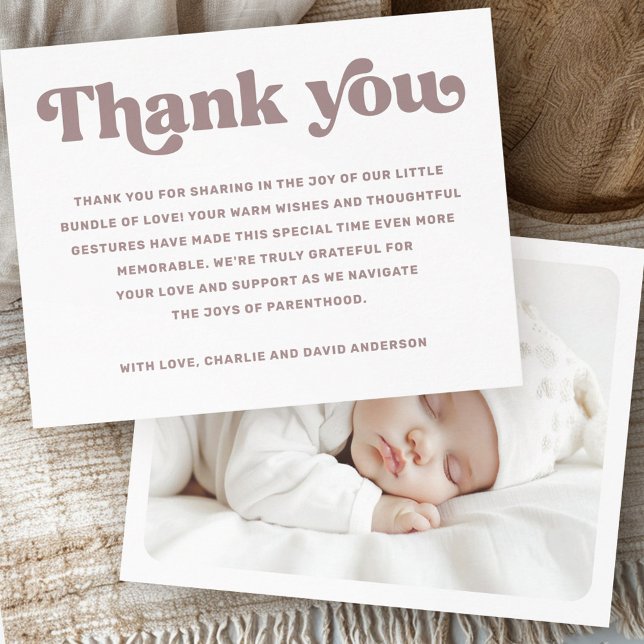 Retro font new baby photo  thank you card (Retro font new baby baptism photo thank you card)
