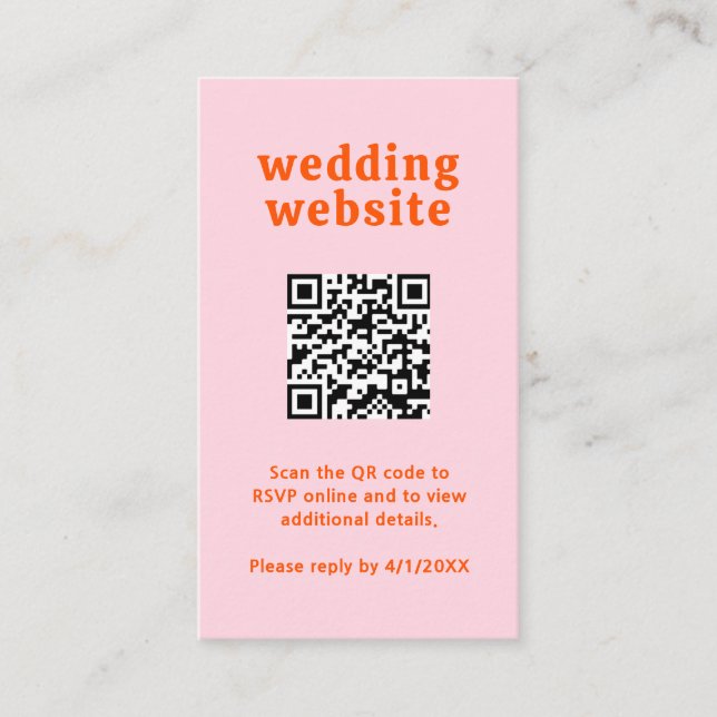 Retro Font Orange and Pink QR Code Modern Wedding Enclosure Card (Front)